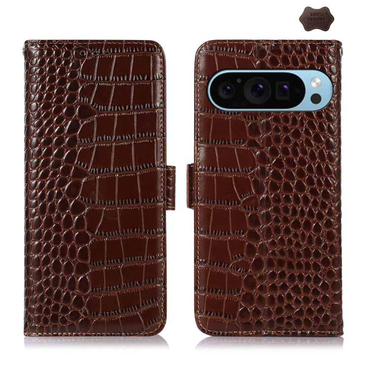 Brown crocodile-texture leather flip phone case with camera cutout, open and closed