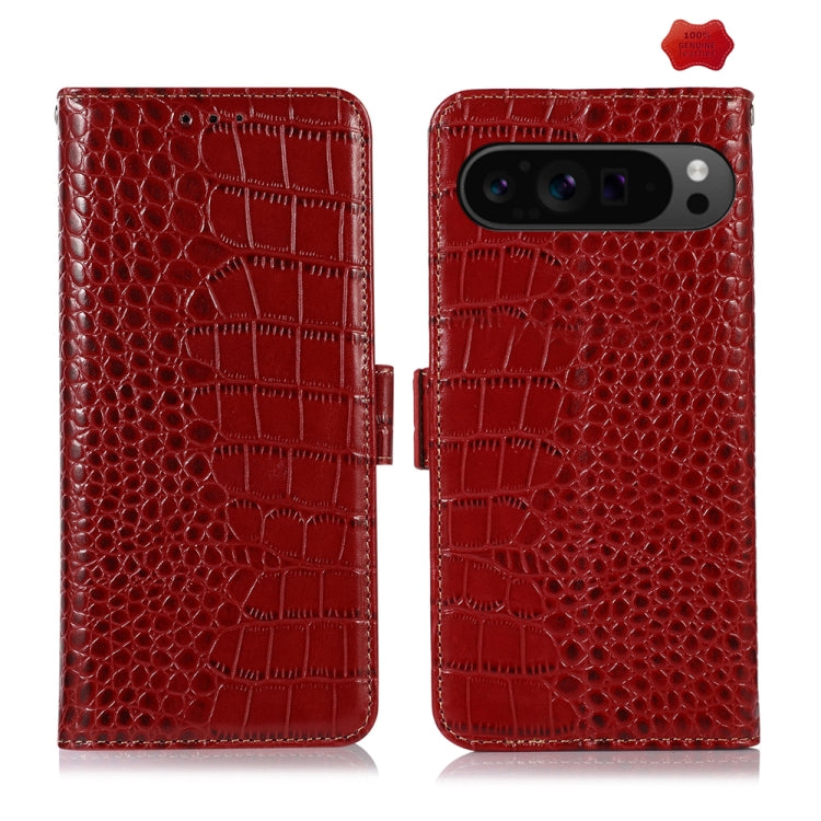 Red crocodile-texture leather flip phone case, open and closed, camera cutout