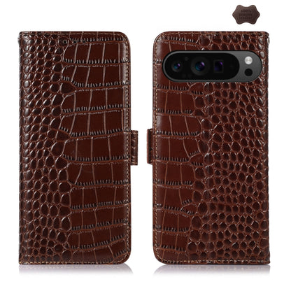Brown crocodile-texture leather flip phone case, open and closed, camera cutout