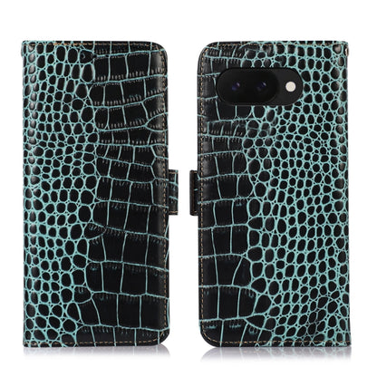 Blue-green crocodile-texture leather flip phone case, textured surface, camera cutout