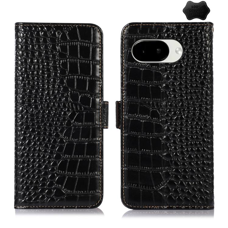 Black crocodile-pattern leather phone case, closed and open views with side clasp