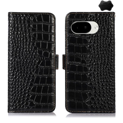 Black crocodile-pattern leather phone case, closed and open views with side clasp