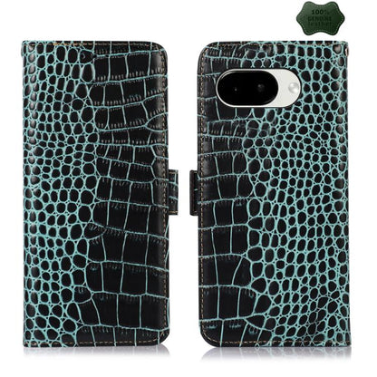 Teal crocodile-pattern leather phone case, closed and open views with side clasp
