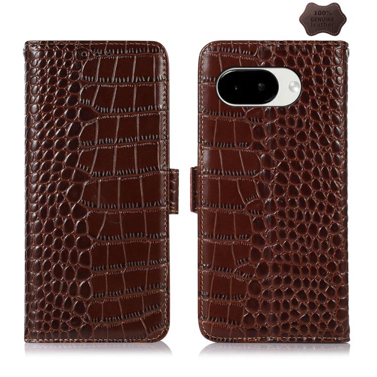 Brown crocodile-pattern leather phone case, back camera area and flip cover visible