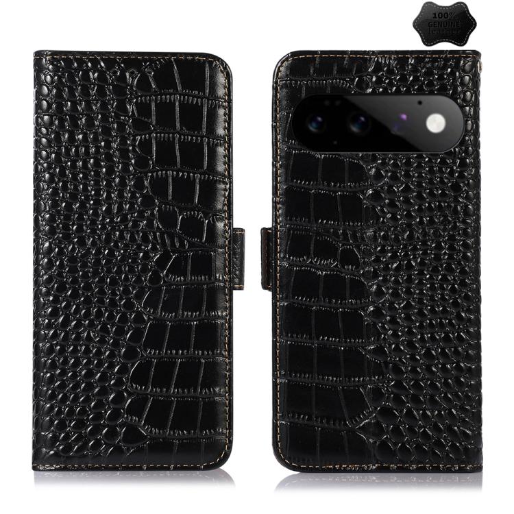 Black crocodile-pattern leather phone case, front and back view with camera cutout