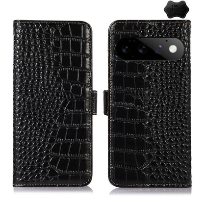 Black crocodile-pattern leather phone case, front and back view with camera cutout
