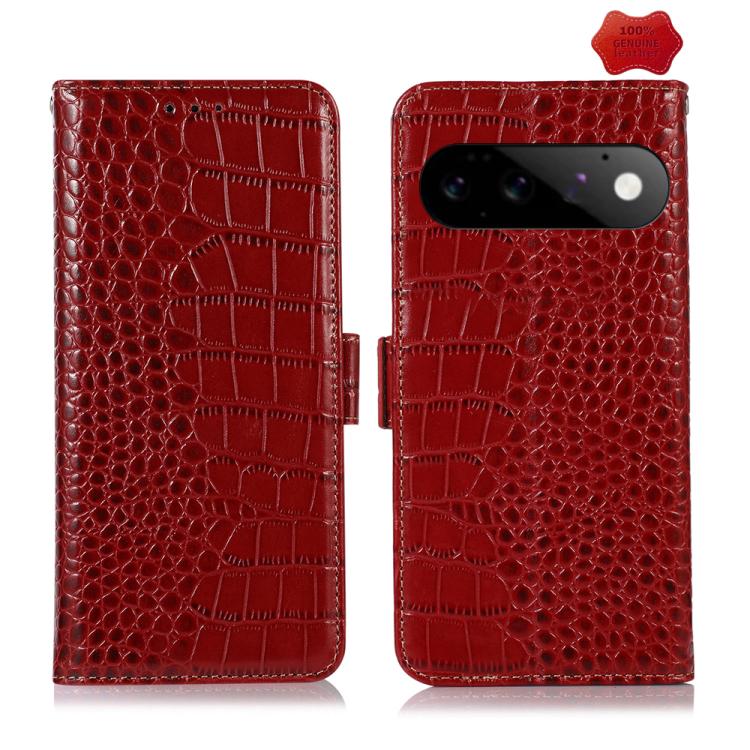 Red crocodile-pattern leather phone case, front and back view with camera cutout