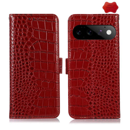 Red crocodile-pattern leather phone case, front and back view with camera cutout
