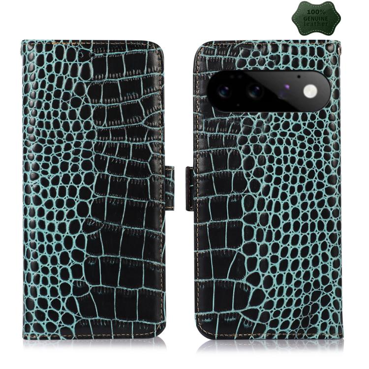 Teal crocodile-pattern leather phone case, front and back view with camera cutout
