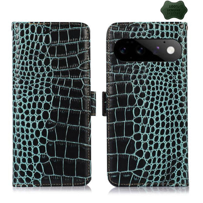Teal crocodile-pattern leather phone case, front and back view with camera cutout