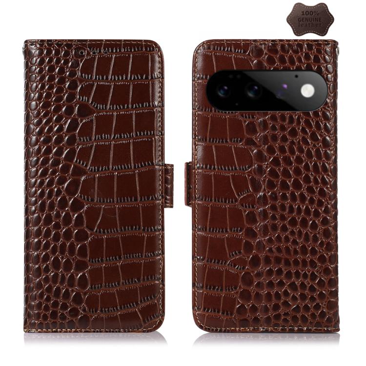 Brown crocodile-pattern leather phone case, closed and open views with side clasp