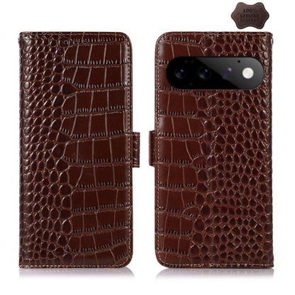 Brown crocodile-pattern leather phone case, closed and open views with side clasp