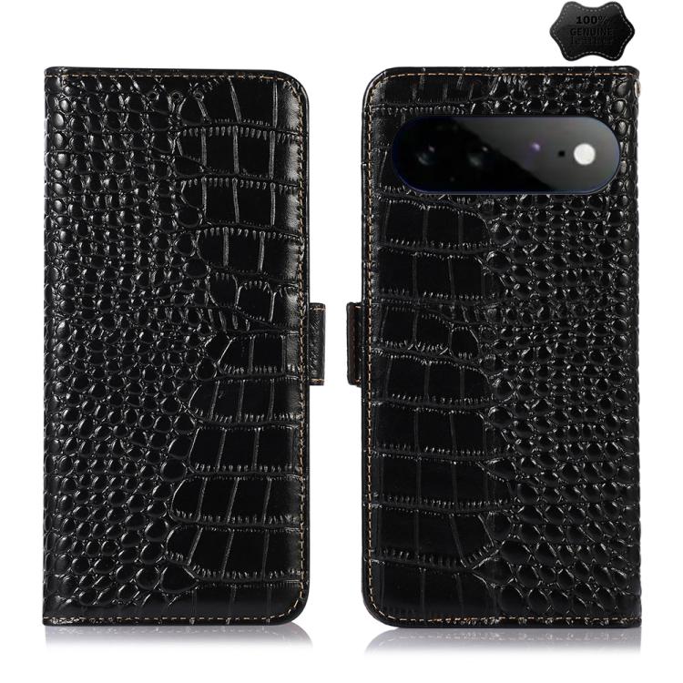 Black crocodile-texture leather phone wallet case with magnetic closure and card slots