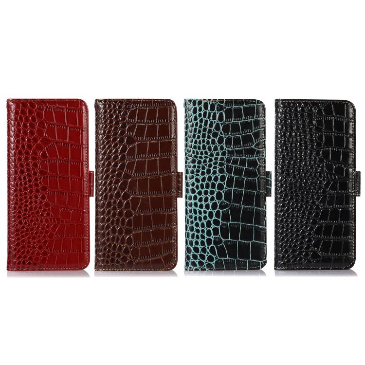 Crocodile-texture leather phone wallet cases in red, brown, teal, and black