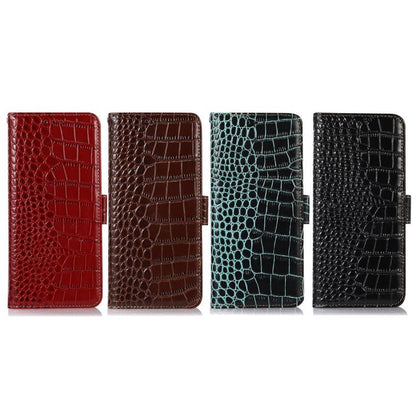 Crocodile-texture leather phone wallet cases in red, brown, teal, and black
