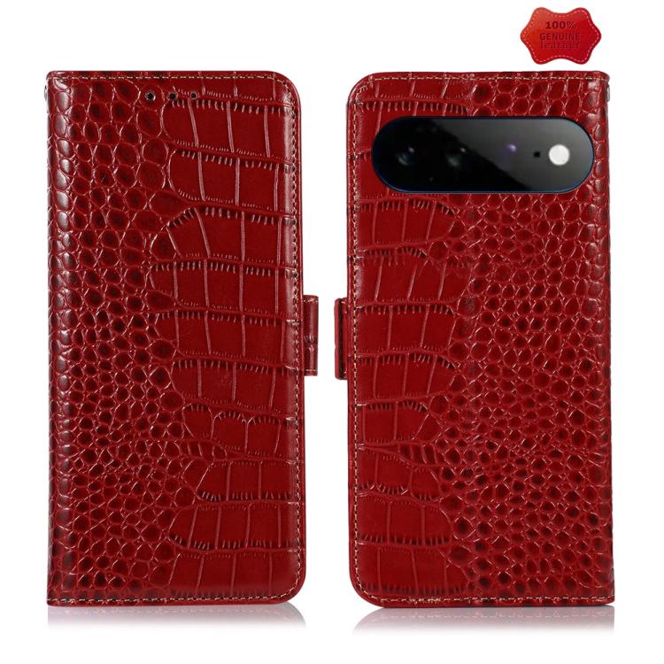 Red crocodile-texture leather phone wallet case with magnetic closure and camera cutout