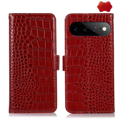 Red crocodile-texture leather phone wallet case with magnetic closure and camera cutout