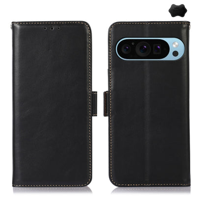 Crazy Horse leather phone case with flip cover, black, stitched edges, camera cutout