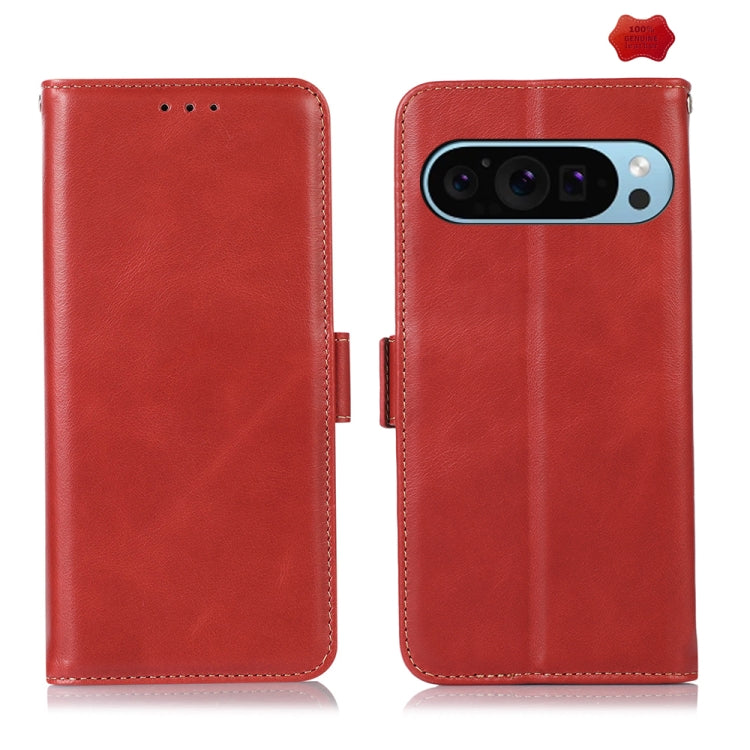 Crazy Horse leather phone case with flip cover, red, stitched edges, camera cutout