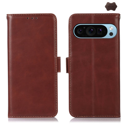 Brown cowhide leather phone case with stitched edges and camera cutout
