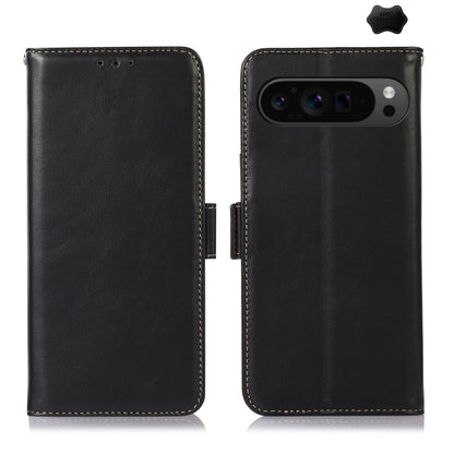 Crazy Horse leather phone case with flip cover, black, stitched edges, camera cutout