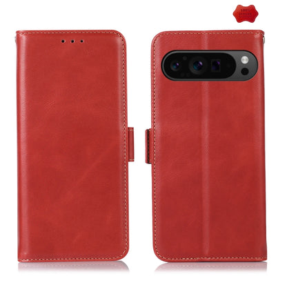 Crazy Horse leather phone case with flip cover, red, stitched edges, camera cutout