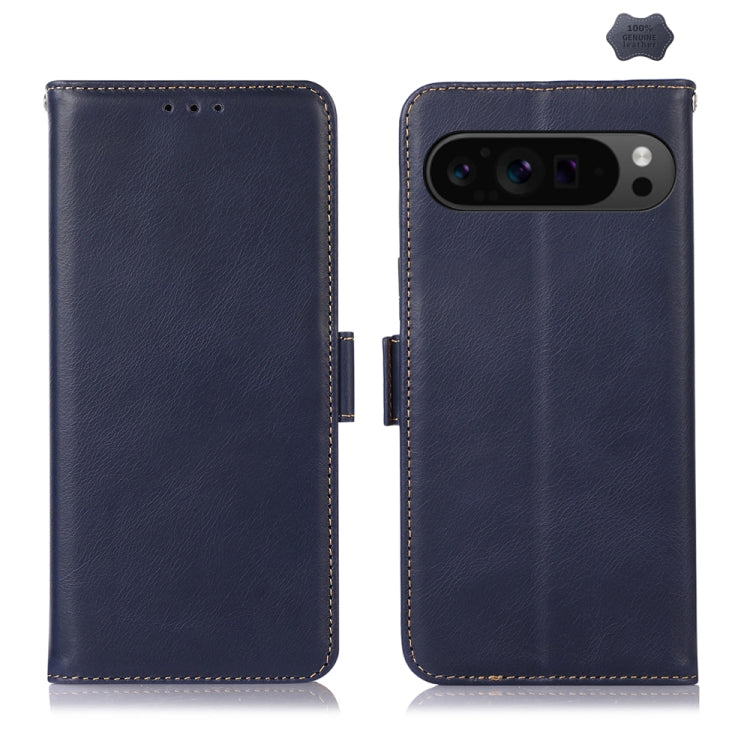 Crazy Horse leather phone case with flip cover, blue, stitched edges, camera cutout