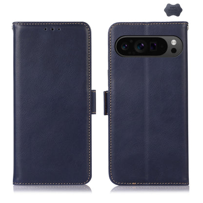Crazy Horse leather phone case with flip cover, blue, stitched edges, camera cutout