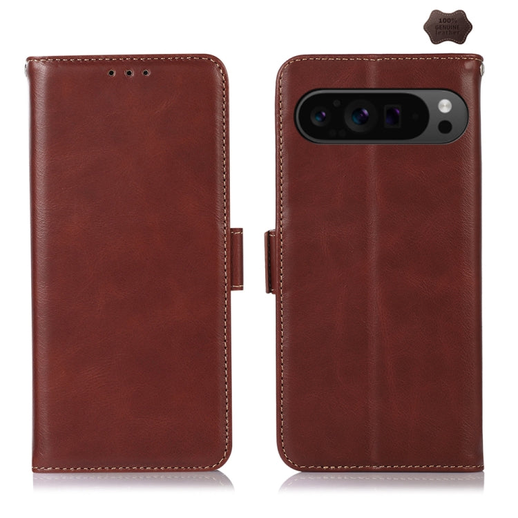 Crazy Horse leather phone case with flip cover, brown, stitched edges, camera cutout