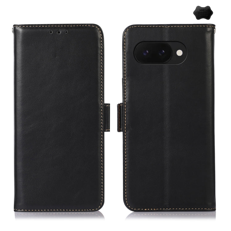 Black leather phone case with flip closure, stitched edges, and single-camera cutout