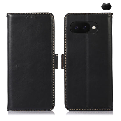 Black leather phone case with flip closure, stitched edges, and single-camera cutout