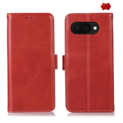 Crazy Horse leather phone case with flip cover, red, stitched edges, camera cutout