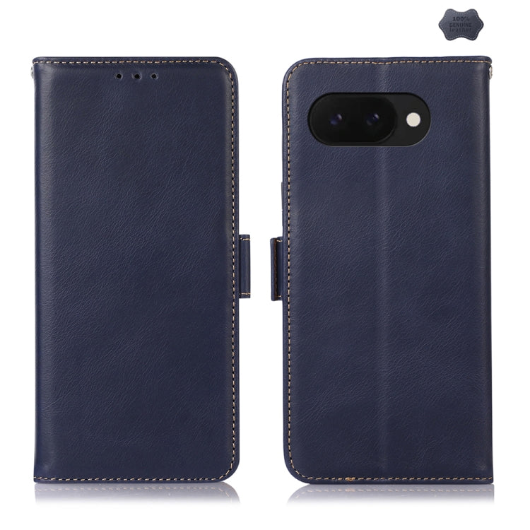 Crazy Horse leather phone case with flip cover, blue, stitched edges, camera cutout