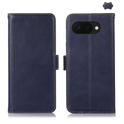 Crazy Horse leather phone case with flip cover, blue, stitched edges, camera cutout