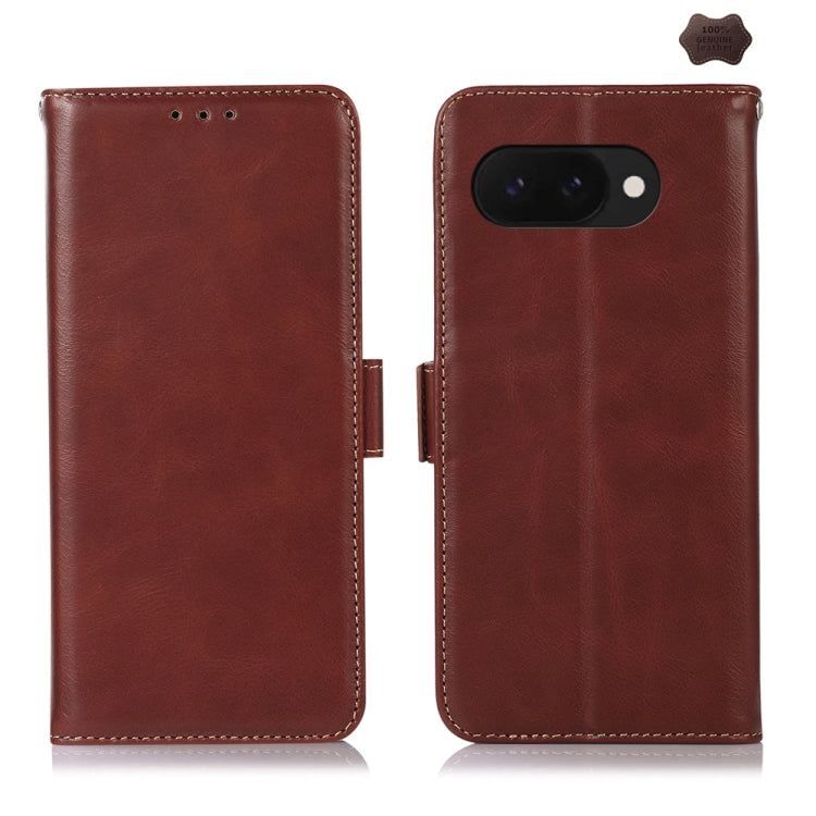 Crazy Horse leather phone case with flip cover, brown, stitched edges, camera cutout