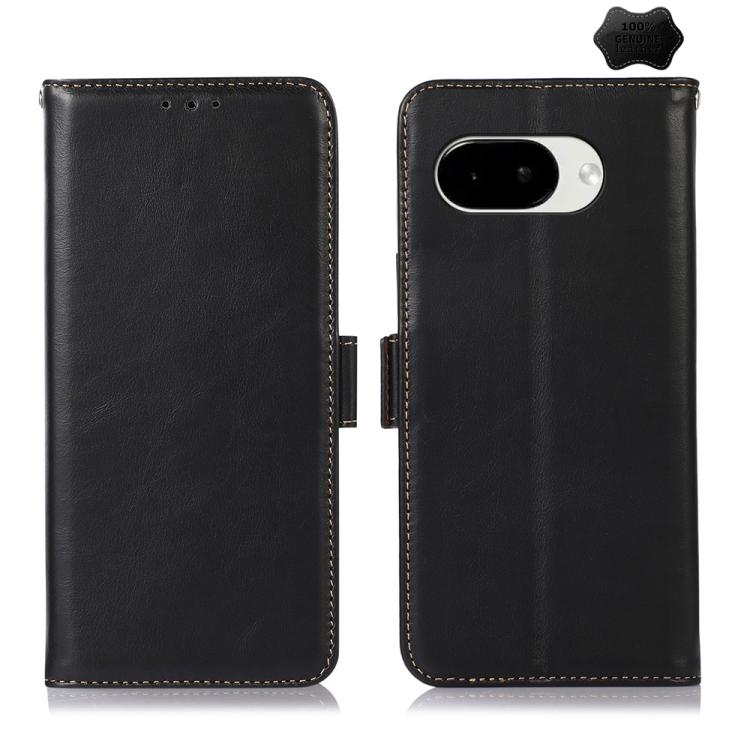 Black leather phone case with flip closure, stitched trim, and dual-camera cutout
