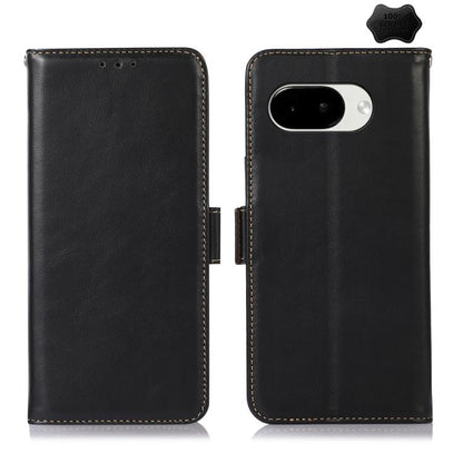 Black leather phone case with flip closure, stitched trim, and dual-camera cutout