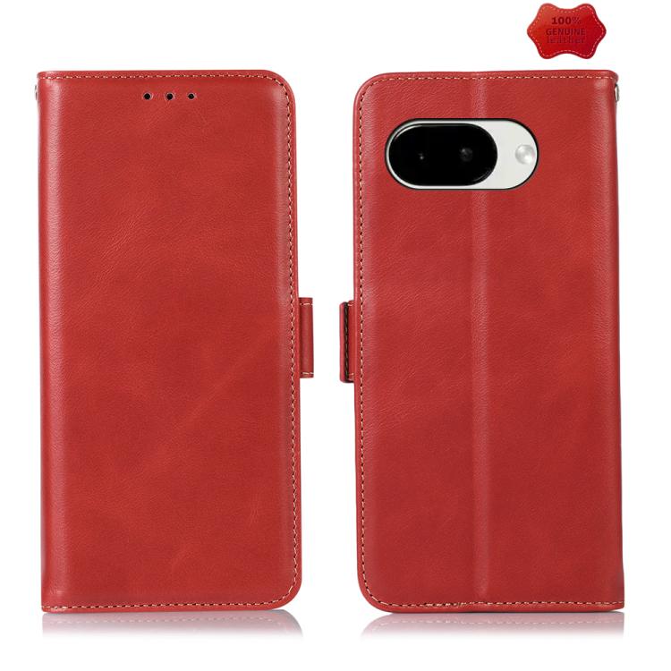 Red leather phone case with flip closure, stitched border, and dual-camera cutout