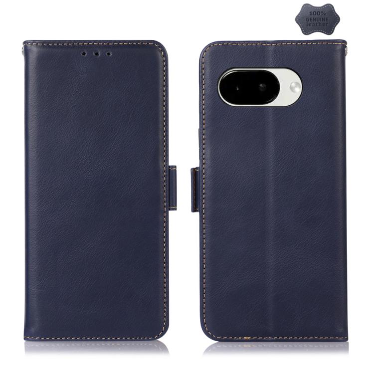 Blue leather phone case with flip closure, stitched edges, and dual-camera cutout
