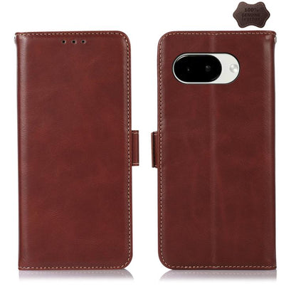 Brown leather phone case, front and back view, with dual-camera cutout and stitching