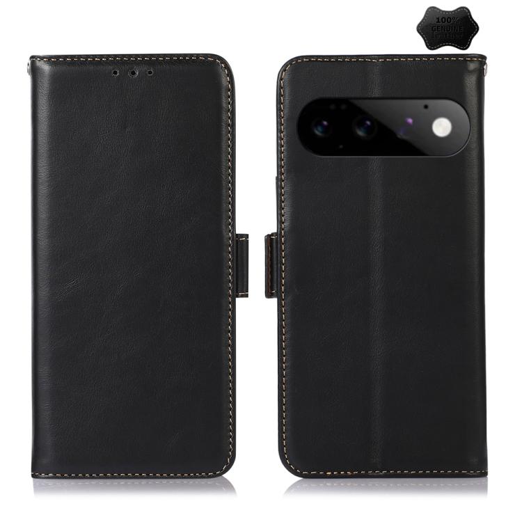 Black leather phone case with flip closure, stitched trim, and camera cutout window