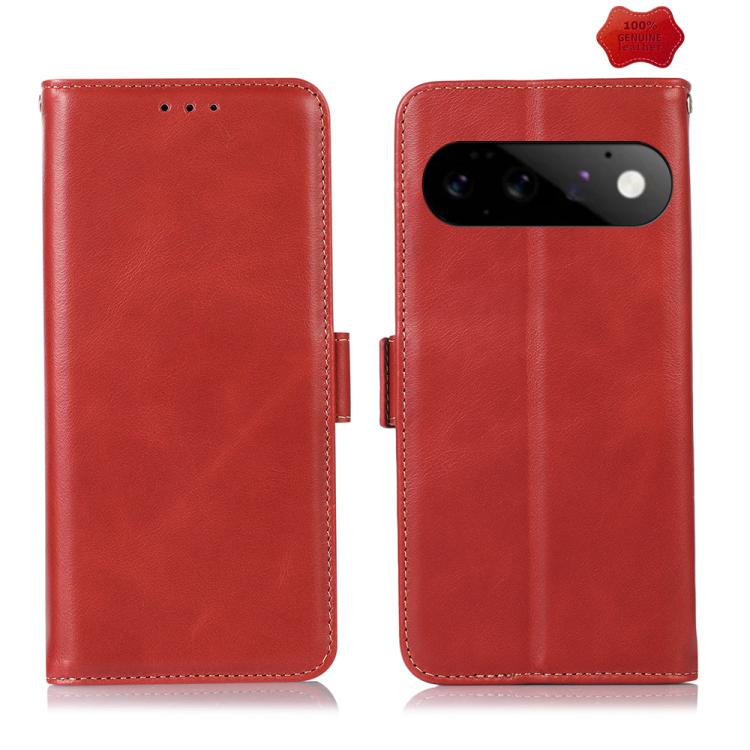 Red leather phone case with flip closure, stitched border, and camera cutout window