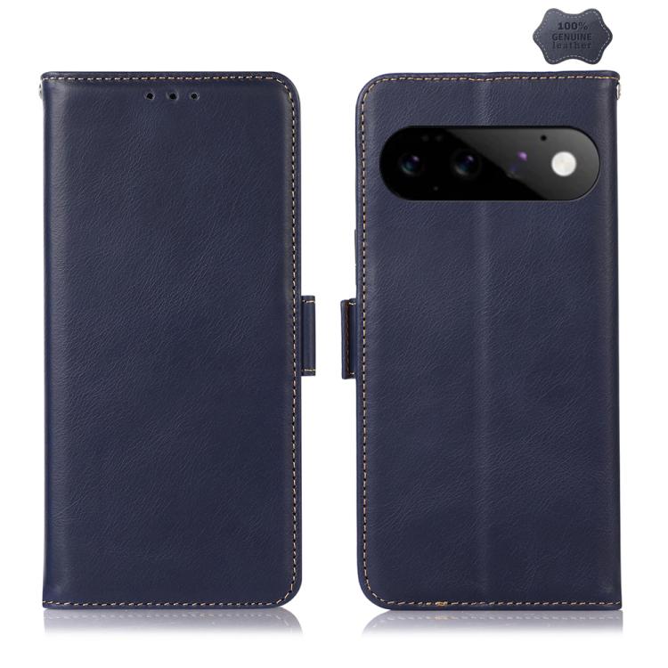 Blue leather phone case with flip closure, stitched edges, and camera cutout window