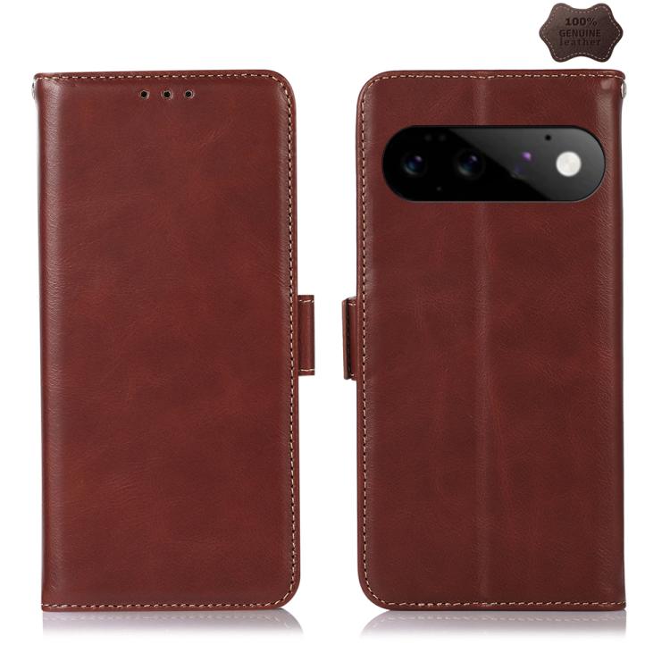 Brown leather phone case with flip closure, stitched trim, and dual-camera cutout