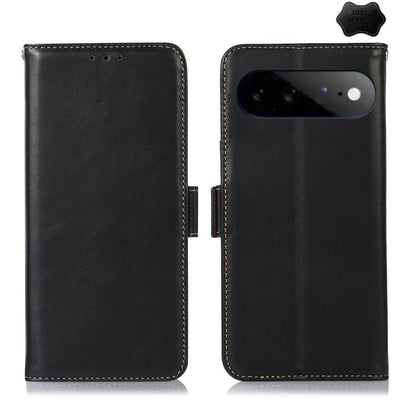 Black leather phone wallet case with stitched edges, side flip, and camera cutout