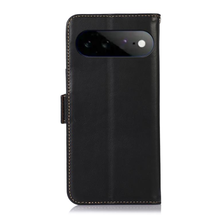 Black leather phone wallet case with camera cutout and stitched edge trim
