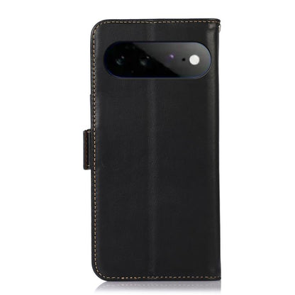 Black leather phone wallet case with camera cutout and stitched edge trim