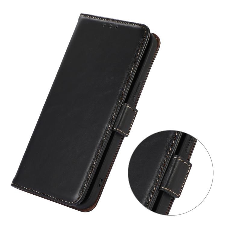 Black leather phone wallet case with side strap, stitched trim, and fold-over design