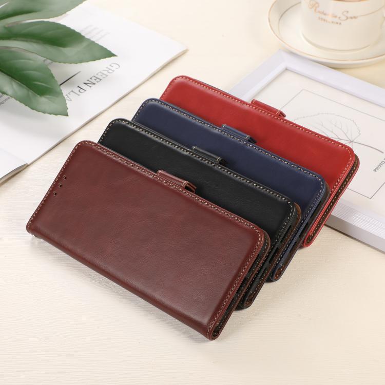Red, brown, and navy leather phone wallet cases with stitched edges and flip closure