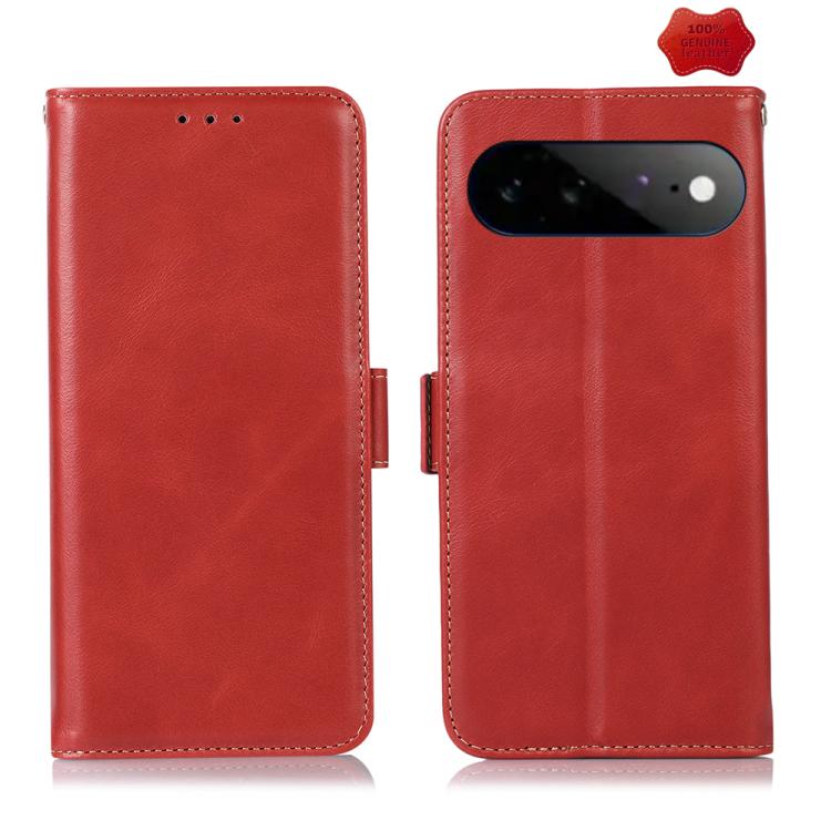 Red leather phone wallet case with stitched edges, side hinge, and camera cutout